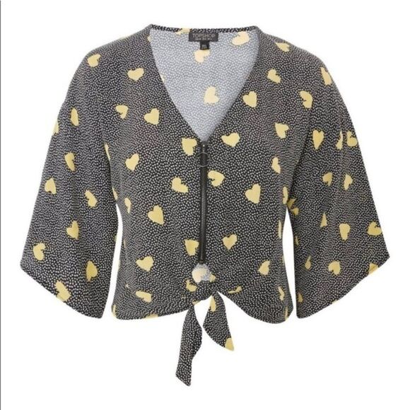 Topshop 'Zoe' Zip & Tie Front Crop Top - size 6 in Yellow Heart Print - Picture 2 of 16